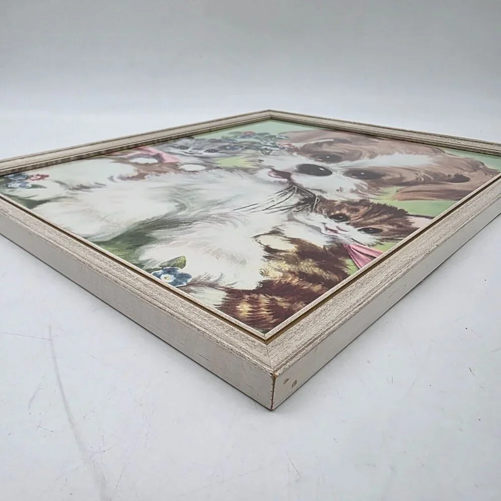 Vintage Framed Puppy & Kittens Print Wall Art Retro Illustration Wooden Frame 50
